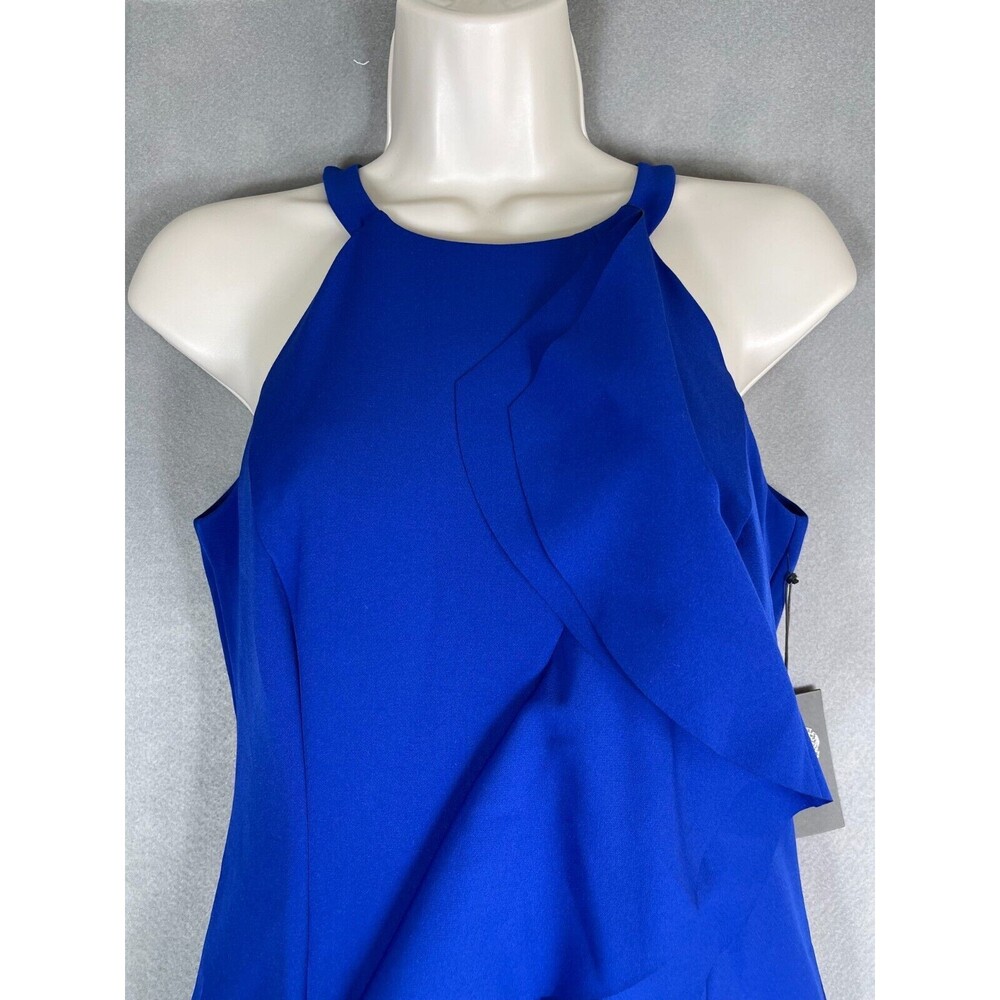 Vince Camuto Women's Size 4 Halter Neck Laguna Crepe Body Con Dress Blue Ruffle - Picture 3 of 13